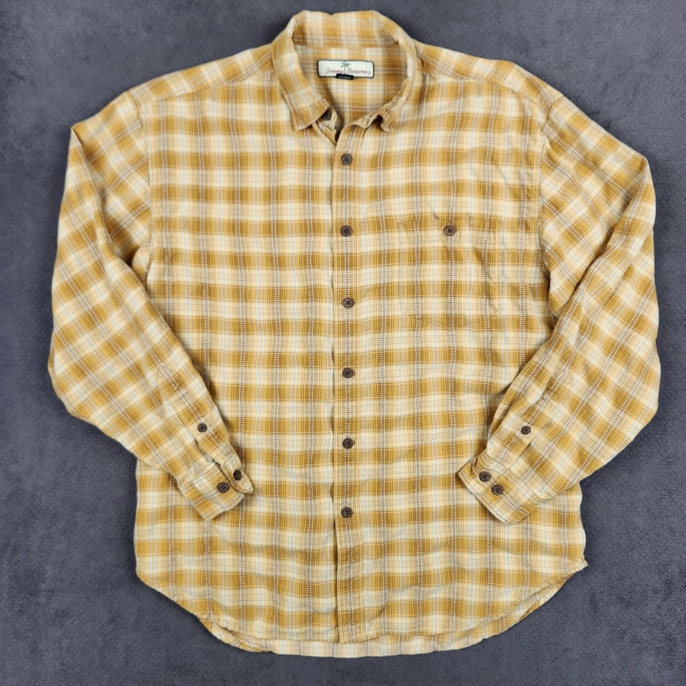 Tommy Bahama Silk Shirt Mens Medium Mustard Yellow Plaid Long Sleeve Button Up - Picture 2 of 10